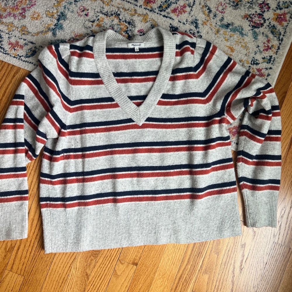 Madewell V-Neck Cropped Striped Sweater Alpaca Blend Knit Size XXL